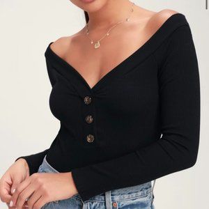 Black Ribbed Long Sleeve Off-the-Shoulder Bodysuit